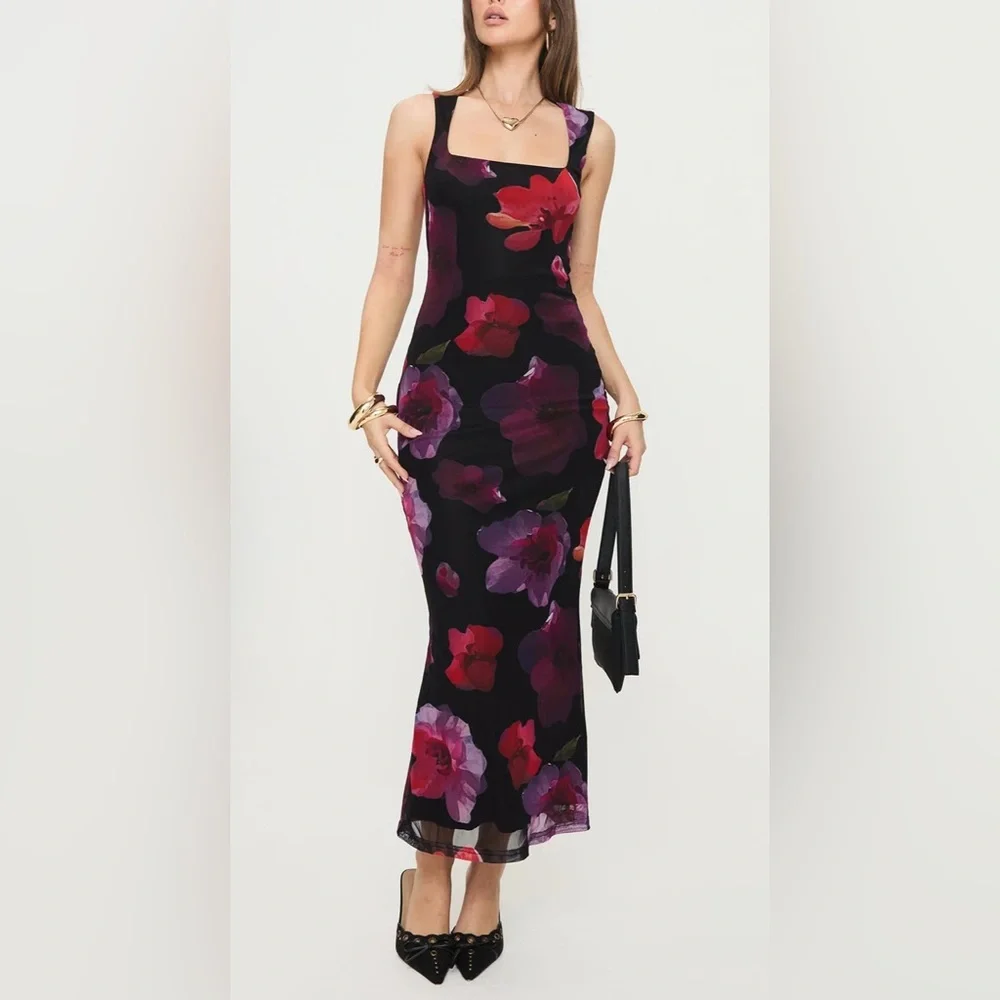 NWT Princess Polly Eviana Maxi Dress Floral Black Pink Purple Wedding - Size 4 - Picture 1 of 7